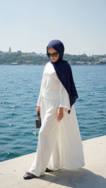 Tesettür 3'lü Takım, Hırkalı,Geniş Paça Pantalon ,Beyaz Bluz Abaya Takım