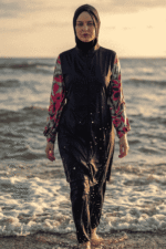 Çiçekli Kolları Lycra Tam Kapalı Tesettür Mayo Lacivert Rahat 3’lü Takım