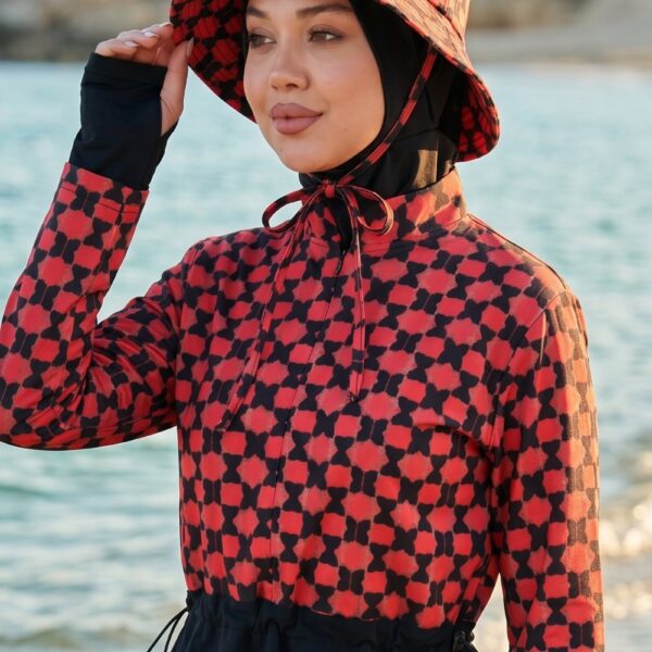 Petek Desenli Turuncu Tesettür Mayo Şapkası