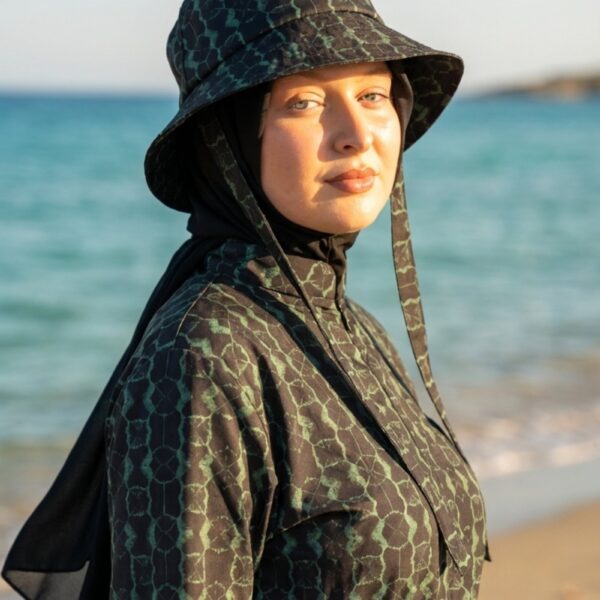 Petek Desenli Tesettür Mayo Şapkası Siyah Zümrüt