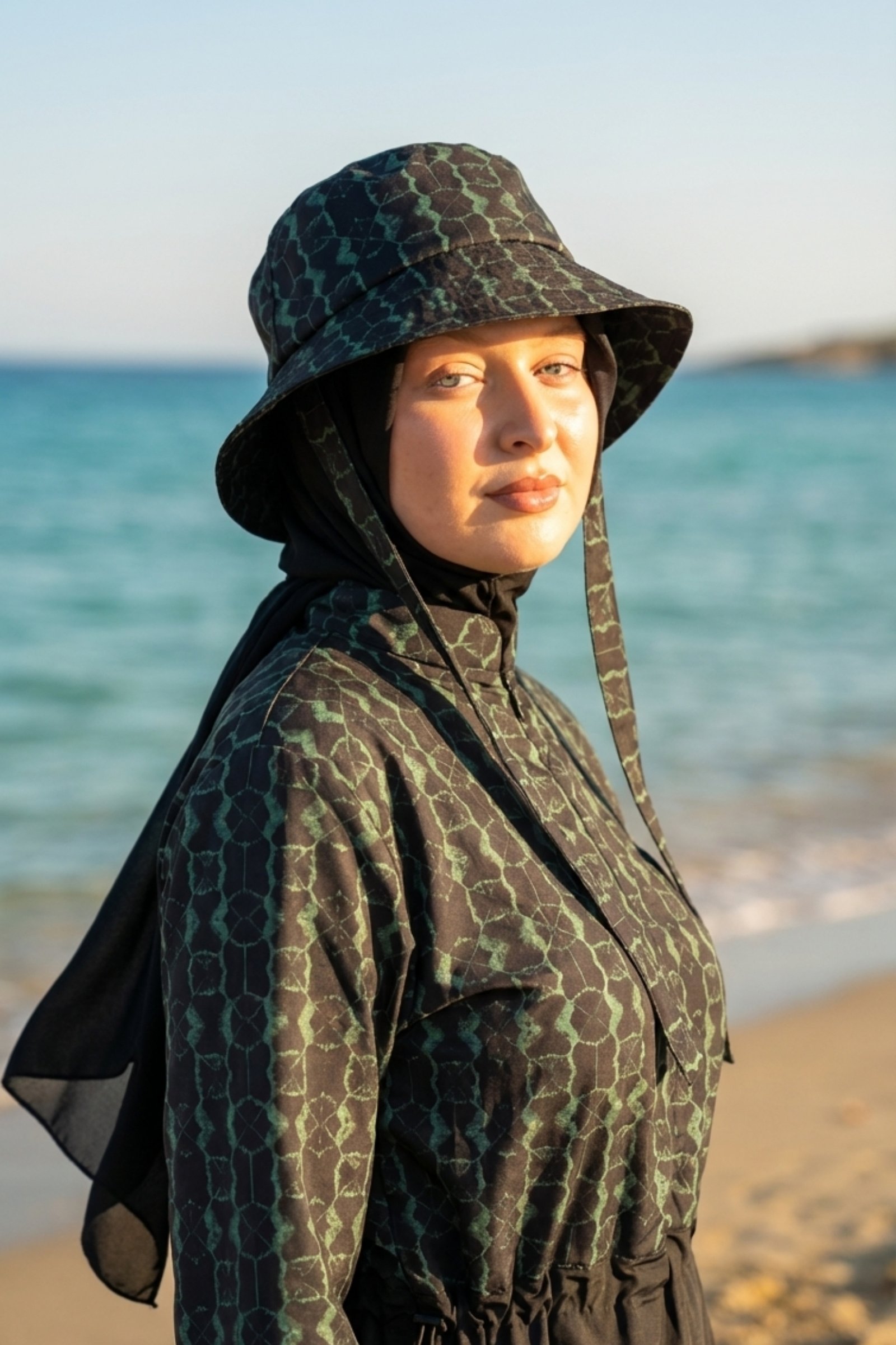 Adsız tasarım (23) Petek Desenli Tesettür Mayo Şapkası Siyah Zümrüt - Görsel 1