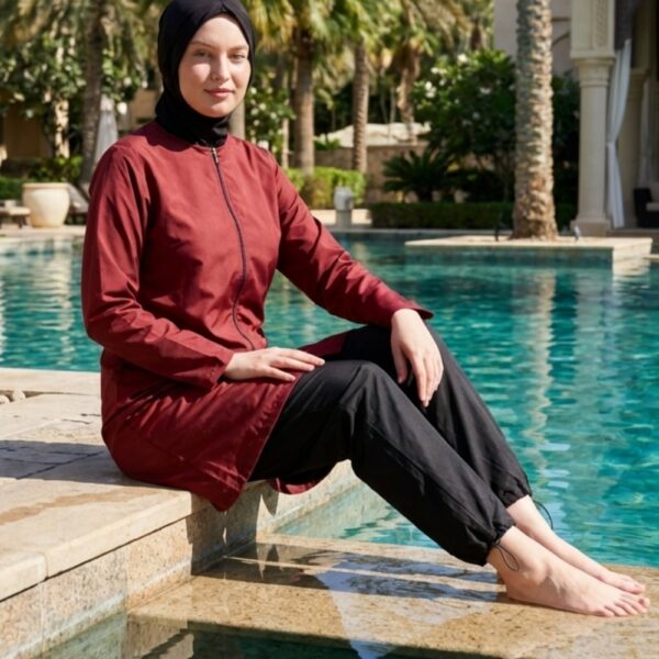 Düz Paraşüt Tam Kapalı Tesettür Mayo Bordo 3’lü Su İtici Hızlı Kuruyan Takım