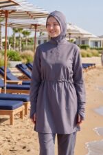 Beli Kordon Detaylı Antrasit Tam Kapalı Tesettür Mayo Hakim Yaka 3’lü Su İtici Kumaş