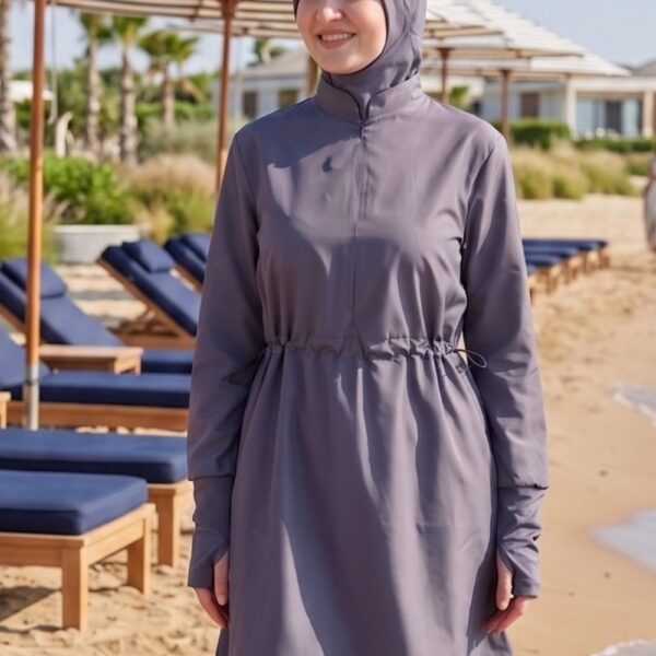 Beli Kordon Detaylı Antrasit Tam Kapalı Tesettür Mayo Hakim Yaka 3’lü Su İtici Kumaş