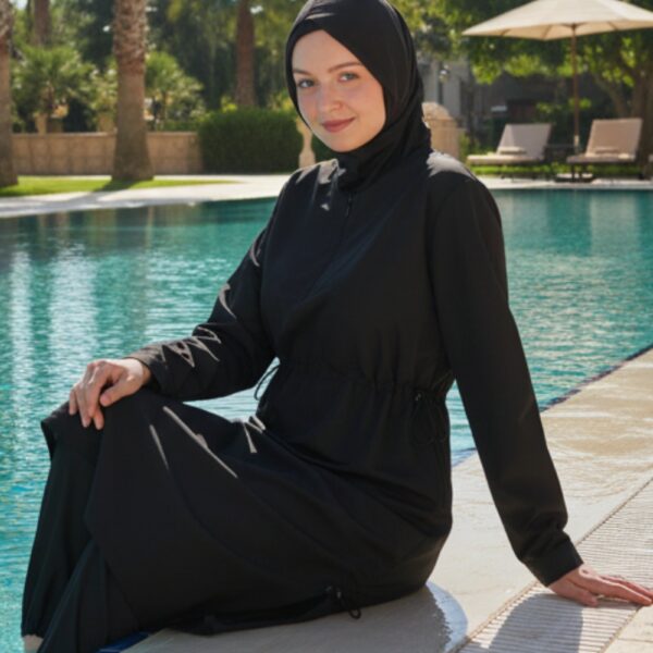 Beli Kordon Detaylı Siyah Tam Kapalı Tesettür Mayo Hakim Yaka 3’lü Su İtici Kumaş