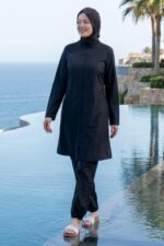 Düz Paraşüt Tam Kapalı Tesettür Mayo Lacivert 3’lü Su İtici Hızlı Kuruyan Takım