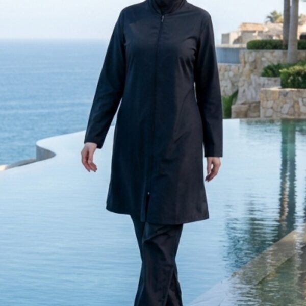 Düz Paraşüt Tam Kapalı Tesettür Mayo Lacivert 3’lü Su İtici Hızlı Kuruyan Takım