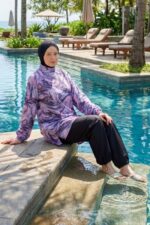 Degrade Desen Tesettür Mayo Lacivert Suya Dayanıklı Hızlı Kuruyan Takım