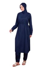 Ayarlanabilir Stoperli Tam Kapalı Tesettür Mayo Lacivert 3 Parça Tam Boy - Görsel 4