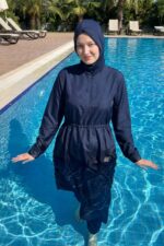 Ayarlanabilir Stoperli Tam Kapalı Tesettür Mayo Lacivert 3 Parça Tam Boy - Görsel 2