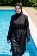 Ayarlanabilir Stoperli Tam Kapalı Tesettür Mayo Siyah 3 Parça Tam Boy