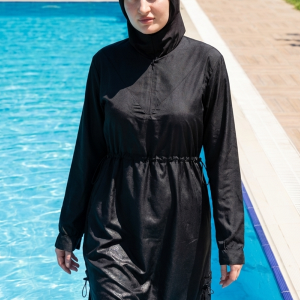 Ayarlanabilir Stoperli Tam Kapalı Tesettür Mayo Siyah 3 Parça Tam Boy