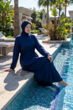 Ayarlanabilir Stoperli Tam Kapalı Tesettür Mayo Lacivert 3 Parça Tam Boy