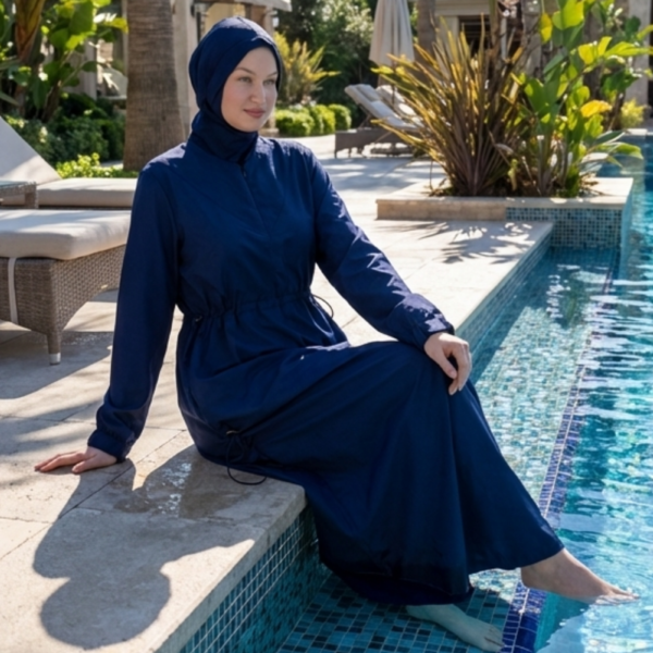 Ayarlanabilir Stoperli Tam Kapalı Tesettür Mayo Lacivert 3 Parça Tam Boy