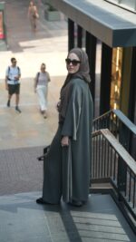 Tesettür 3'lü Takım, Hırkalı, Geniş Paça Pantalon, Haki Bluz Abaya Takım