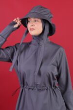 Beli Kordon Detaylı Tam Kapalı Mayo Antrasit Şapkası Uyumlu Tasarım - Görsel 3