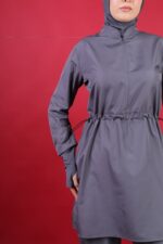 Beli Kordon Detaylı Antrasit Tam Kapalı Tesettür Mayo Hakim Yaka 3’lü Su İtici Kumaş - Görsel 2