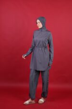 Beli Kordon Detaylı Antrasit Tam Kapalı Tesettür Mayo Hakim Yaka 3’lü Su İtici Kumaş - Görsel 3