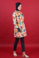 Sulu Boya Desenli Tam Kapalı Tesettür Mayo Bordo Beli Ayarlanabilir 3’lü Su İtici Kumaş - Görsel 2