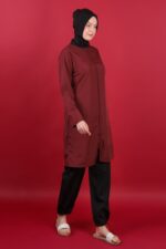 Düz Paraşüt Tam Kapalı Tesettür Mayo Bordo 3’lü Su İtici Hızlı Kuruyan Takım - Görsel 4