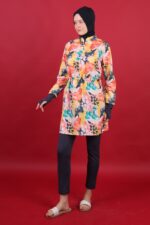 Sulu Boya Desenli Tam Kapalı Tesettür Mayo Bordo Beli Ayarlanabilir 3’lü Su İtici Kumaş - Görsel 8