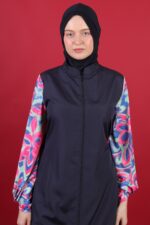 Çiçekli Kolları Lycra Tam Kapalı Tesettür Mayo Lacivert Rahat 3’lü Takım - Görsel 2