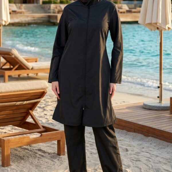 Düz Paraşüt Tam Kapalı Tesettür Mayo Siyah 3’lü Su İtici Hızlı Kuruyan Takım