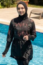 Kuzey Işıkları Desen Crop Tesettür Mayo Siyah Beli Ayarlanabilir 3’lü Su İtici Hızlı Kuruyan