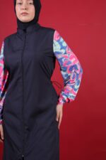 Çiçekli Kolları Lycra Tam Kapalı Tesettür Mayo Lacivert Rahat 3’lü Takım - Görsel 5