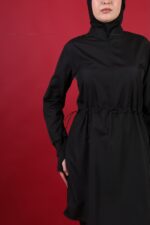 Beli Kordon Detaylı Siyah Tam Kapalı Tesettür Mayo Hakim Yaka 3’lü Su İtici Kumaş - Görsel 3