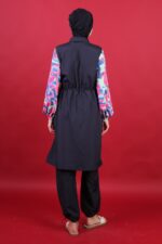 Çiçekli Kolları Lycra Tam Kapalı Tesettür Mayo Lacivert Rahat 3’lü Takım - Görsel 4