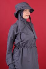 Beli Kordon Detaylı Tam Kapalı Mayo Antrasit Şapkası Uyumlu Tasarım - Görsel 2