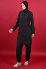 Düz Paraşüt Tam Kapalı Tesettür Mayo Siyah 3’lü Su İtici Hızlı Kuruyan Takım - Görsel 3