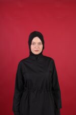 Beli Kordon Detaylı Siyah Tam Kapalı Tesettür Mayo Hakim Yaka 3’lü Su İtici Kumaş - Görsel 4