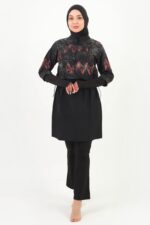 Kuzey Işıkları Desen Crop Tesettür Mayo Siyah Beli Ayarlanabilir 3’lü Su İtici Hızlı Kuruyan - Görsel 5