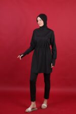 Beli Kordon Detaylı Siyah Tam Kapalı Tesettür Mayo Hakim Yaka 3’lü Su İtici Kumaş - Görsel 5