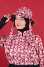 Kırmızı Soyut Desenli Tesettür Mayo Şapkası - Görsel 4