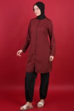 Düz Paraşüt Tam Kapalı Tesettür Mayo Bordo 3’lü Su İtici Hızlı Kuruyan Takım - Görsel 2