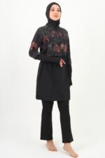 Kuzey Işıkları Desen Crop Tesettür Mayo Siyah Beli Ayarlanabilir 3’lü Su İtici Hızlı Kuruyan - Görsel 4