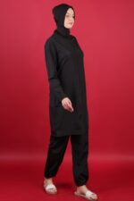 Düz Paraşüt Tam Kapalı Tesettür Mayo Siyah 3’lü Su İtici Hızlı Kuruyan Takım - Görsel 2