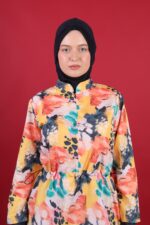 Sulu Boya Desenli Tam Kapalı Tesettür Mayo Bordo Beli Ayarlanabilir 3’lü Su İtici Kumaş - Görsel 4