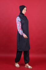 Çiçekli Kolları Lycra Tam Kapalı Tesettür Mayo Lacivert Rahat 3’lü Takım - Görsel 3