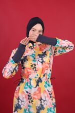 Sulu Boya Desenli Tam Kapalı Tesettür Mayo Bordo Beli Ayarlanabilir 3’lü Su İtici Kumaş - Görsel 3